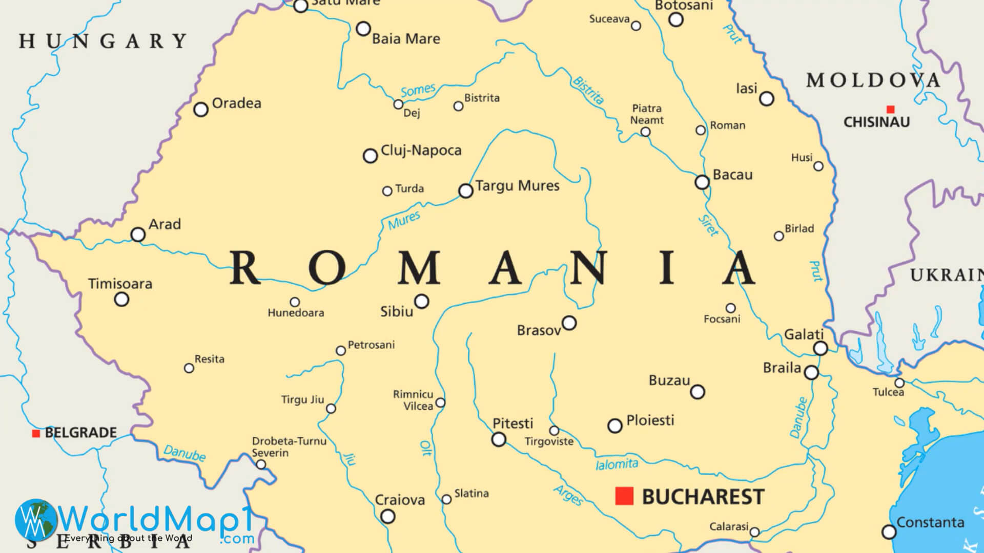 Rumänien Städte und Flüsse Karte